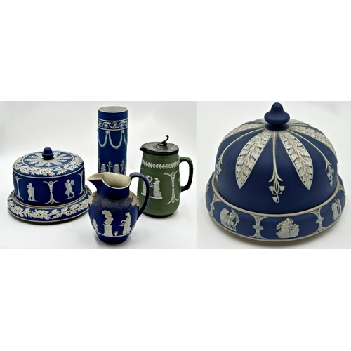 445 - Wedgwood Jasperware cheese dish and cover, 28cm diameter, with further smaller example, two jugs and... 