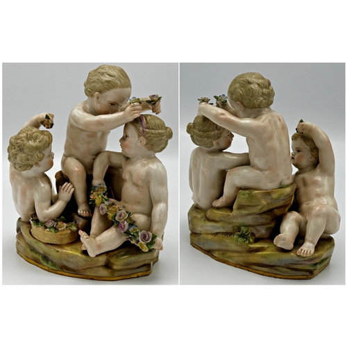 453 - 19th century Meissen porcelain character group with three cherubs and bocage flower work, hand writt... 