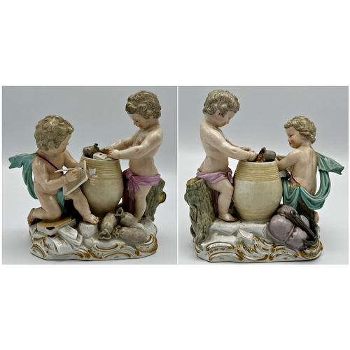 454 - 19th century Meissen character group of two cherubs counting gold coins, inscribed label to base 'Co... 