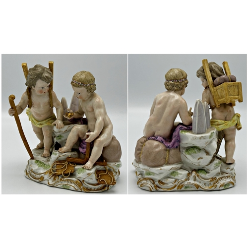 455 - 19th century Meissen porcelain figural character group of two cherubs, inscribed label to base 'The ... 