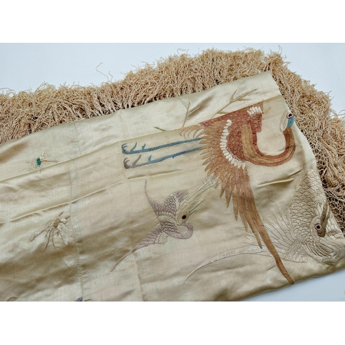 524 - Exceptional quality early 20th century Chinese silk work throw decorated with cranes amidst reeds an... 