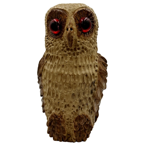 461 - Studio pottery owl with large glass eyes, 32cm high