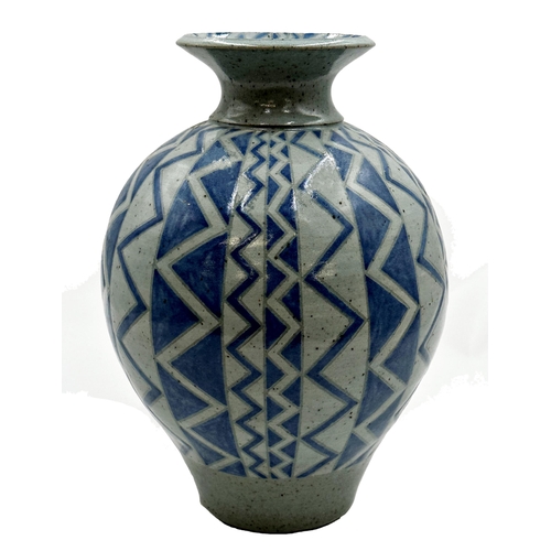 464 - Jane Searle studio pottery stoneware baluster vase, with faceted zigzag decoration, 33cm high