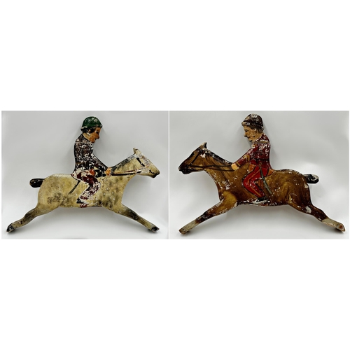 586 - Good pair of late 19th century hand painted wooden fairground targets of men on horseback, hinged at... 