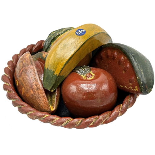 467 - Unusual South American pottery fruit bowl and fruit, to include banana, watermelon, papaya etc, the ... 