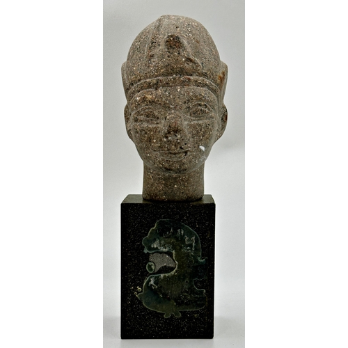 685 - Grand tour basalt bust of an Egyptian pharaoh upon a rectangular plinth base, 24cm high.