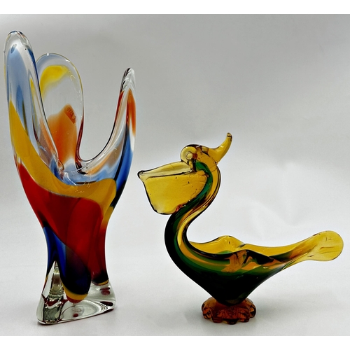 409 - Murano type glass pelican shaped dish, 19cm high together with a further Murano type glass vase 30cm... 