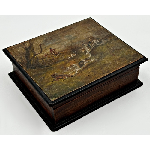 562 - 19th century oak box, the hinged lid painted with a hunt scene of a fox, hounds and huntsmen, enclos... 