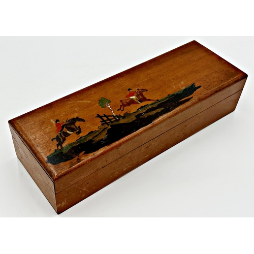 564 - Early 20th century sporting interest satinwood glovebox the hinged lid inlaid with stained boxwood o... 