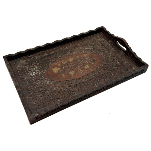 569 - Eastern carved hardwood brass inlaid gallery tray, 51cm x 33cm