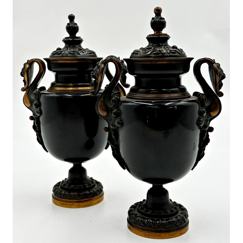 620 - Exceptional quality pair of 19th century French bronze twin handled lidded urns, 23cm high (2)