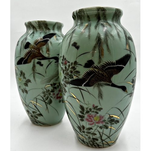 515 - Pair of Chinese porcelain Republic period celadon baluster vases painted with geese amidst flowers a... 