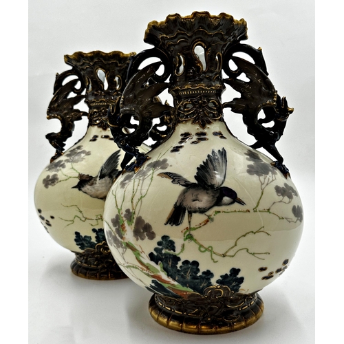 425 - Pair of Vienna porcelain twin dragon baluster vases hand painted with birds in flight with further g... 