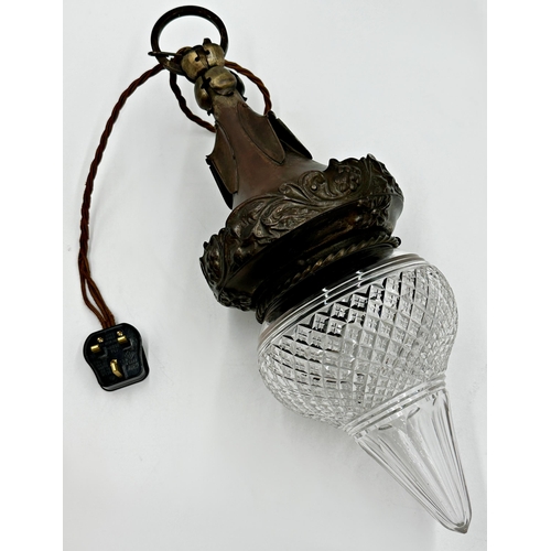 1177 - Exceptional quality French bronzed hobnail cut glass pendant lamp, 47cm high.