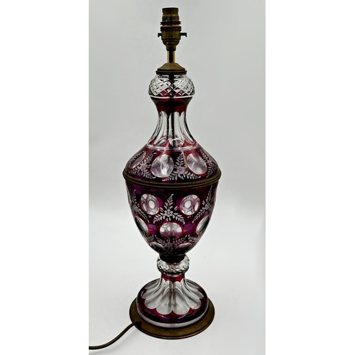 1186 - Good quality cranberry glass baluster table lamp with etched and geometric dimpled decoration, 53cm ... 