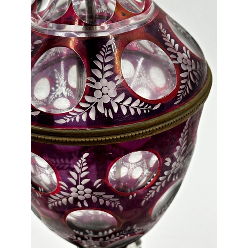 1186 - Good quality cranberry glass baluster table lamp with etched and geometric dimpled decoration, 53cm ... 