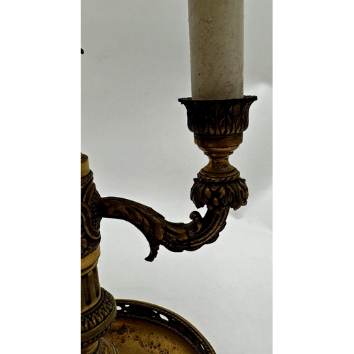 1187 - A French ormolu three branch table lamp with three rococo branches upon a decorative column and dish... 