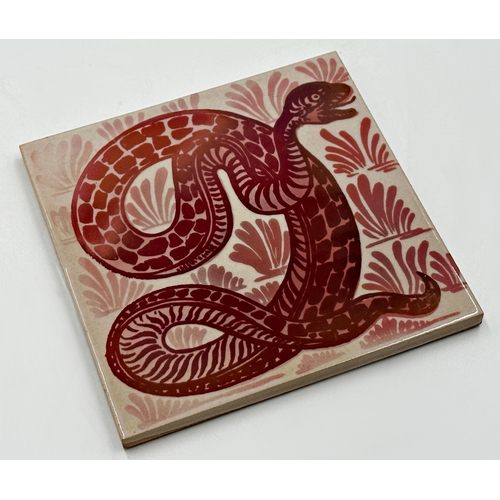 456 - William D E Morgan for H & E Smith ceramic tile lustered with a coiled snake, 15.5 x 15.5cm.