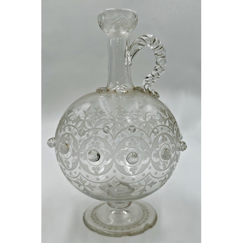 457 - Good quality Arts and Crafts glass claret jug in the manner of Christopher Dresser with geometric re... 