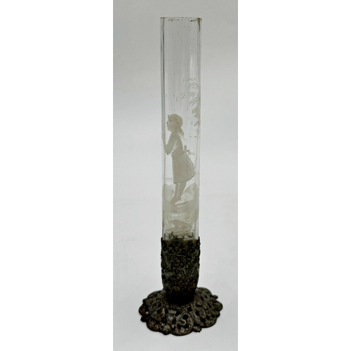 458 - Late 19th century faceted stem vase with overlay in the manner of Mary Gregory 18cm high.