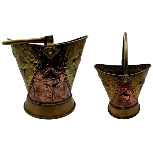 629 - Pair of antique copper and brass Arts and Crafts style coal buckets, with embossed tulip detail and ... 