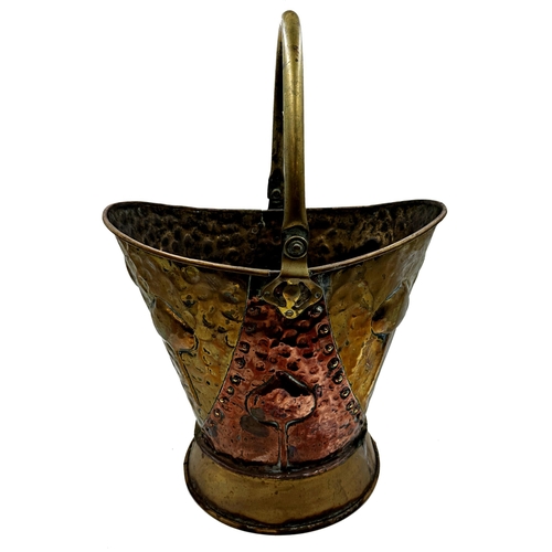 629 - Pair of antique copper and brass Arts and Crafts style coal buckets, with embossed tulip detail and ... 