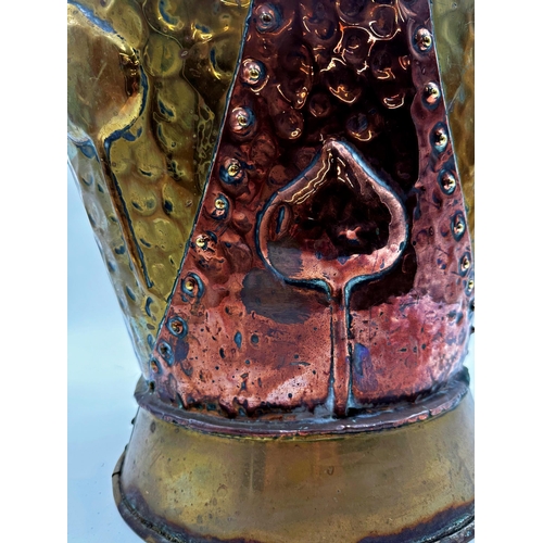 629 - Pair of antique copper and brass Arts and Crafts style coal buckets, with embossed tulip detail and ... 