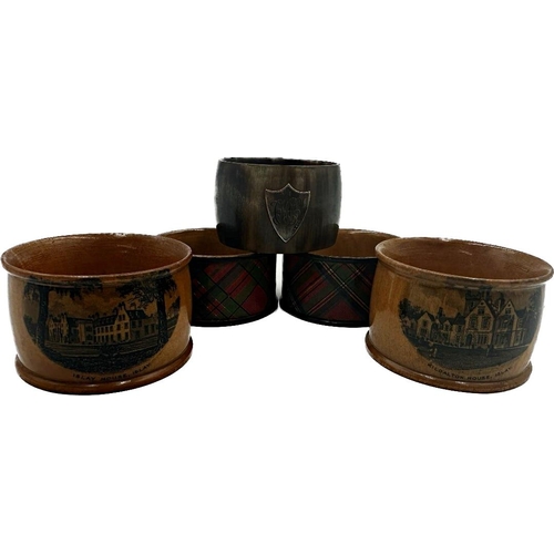 707 - Two Mauchline ware napkin rings with Kildalton House, Islay and Islay House, together with a pair of... 