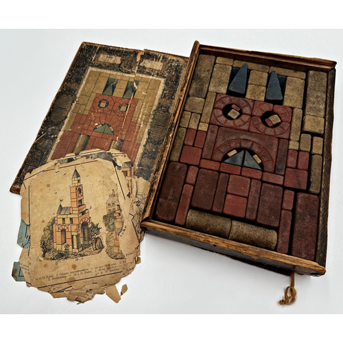 585 - 19th century cased architectural block puzzle, the box 20cm x 28cm