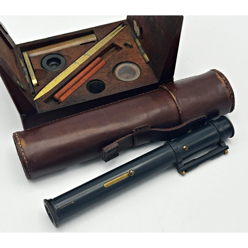 719 - Good 19th century mahogany pocket/field microscope with folding hinged sides and fitted interior, 14... 