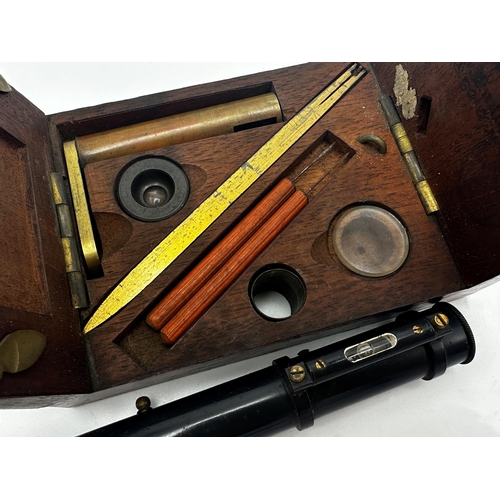 719 - Good 19th century mahogany pocket/field microscope with folding hinged sides and fitted interior, 14... 