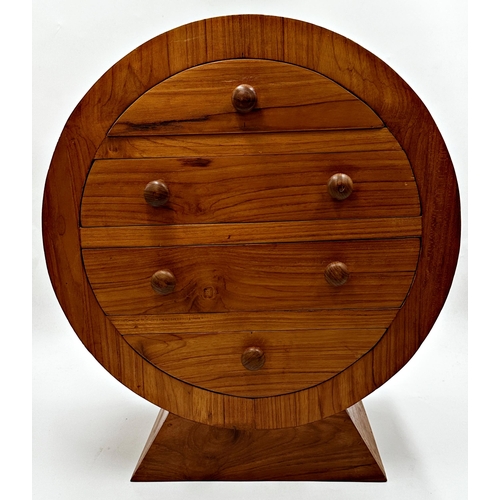 573 - Mid 20th century satinwood table top cabinet of circular form, fitted with four shaped drawers upon ... 