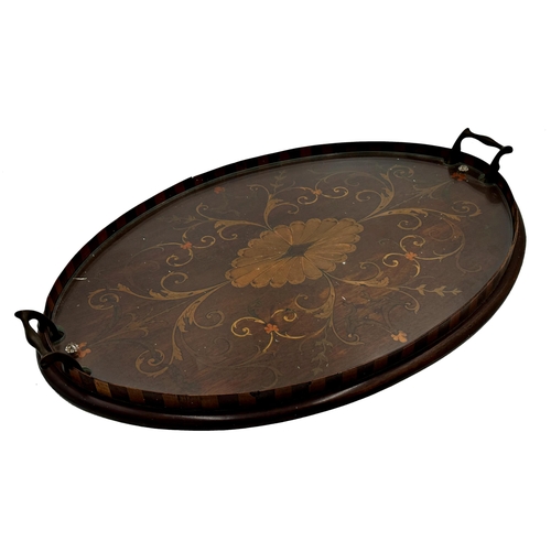 580 - Good quality late 19th century boxwood inlaid twin handled gallery tray, the body inlaid with scroll... 