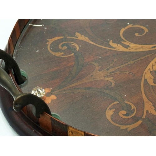 580 - Good quality late 19th century boxwood inlaid twin handled gallery tray, the body inlaid with scroll... 