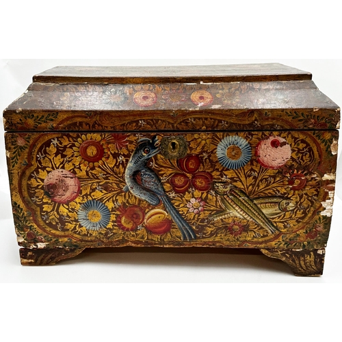 1335 - Exceptional quality gesso painted Eastern casket, the hinged lid enclosing a red painted interior, t... 