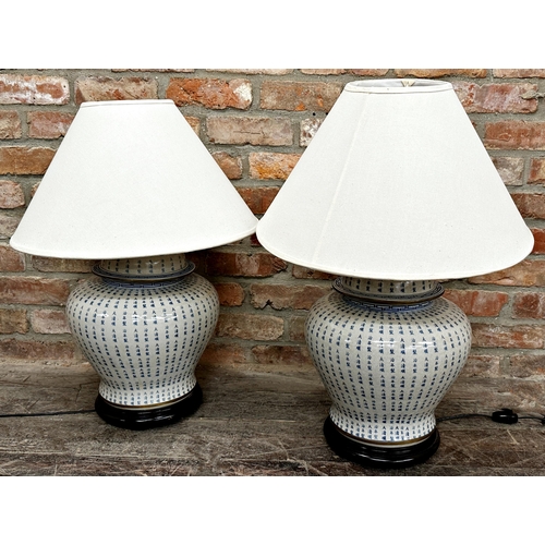 1165 - A good pair of Chinese blue and white crackle glaze porcelain lidded ginger jar table lamps with geo... 