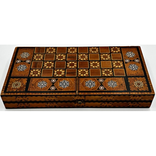 566 - Good quality late 19th century parquetry backgammon games box with counters and dice, 49cm x 49cm