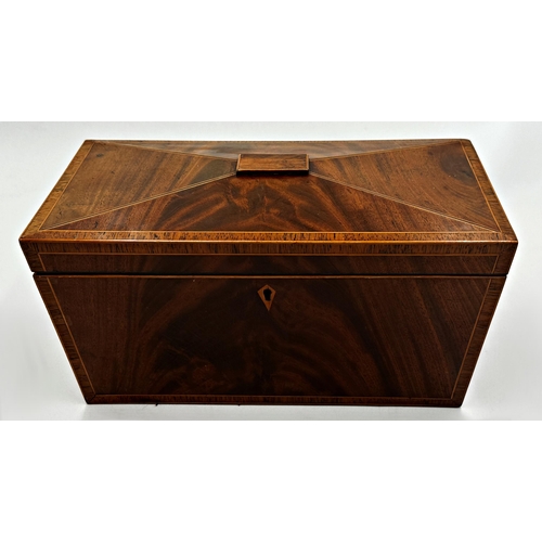 582 - Good quality Regency flame mahogany and rosewood crossbanded sarcophagus tea caddy the hinged lid en... 