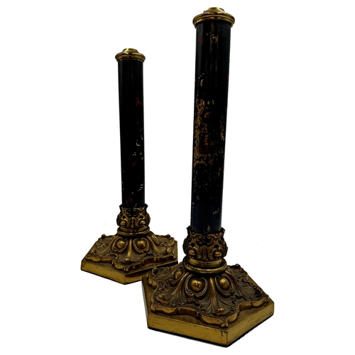 1183 - Impressive pair of 19th century lacquer and ormolu candlesticks/lamp bases, with gilt overlay on blu... 