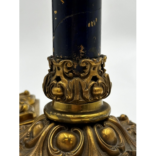 1183 - Impressive pair of 19th century lacquer and ormolu candlesticks/lamp bases, with gilt overlay on blu... 