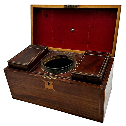 583 - Regency satinwood and rosewood crossbanded tea caddy the hinged lid enclosing a fitted interior with... 