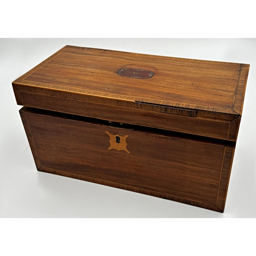 583 - Regency satinwood and rosewood crossbanded tea caddy the hinged lid enclosing a fitted interior with... 