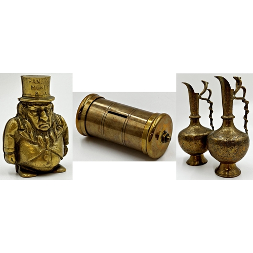 650 - Mixed collection of brassware to include an old cast brass figural money box in the form of presiden... 