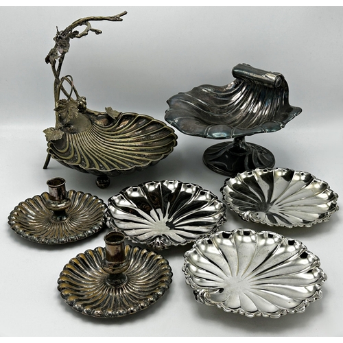 334 - Silver plated cast scallop shell comport, with floral trail, 24cm wide together with a further scall... 