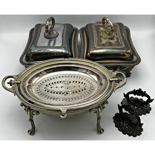 335 - Exceptional quality pair of silver plated entree dishes with cast scrolled handles and feet together... 