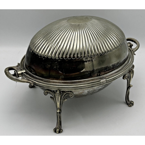 335 - Exceptional quality pair of silver plated entree dishes with cast scrolled handles and feet together... 