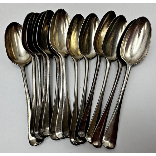 289 - Set of thirteen Victorian Britannia silver rat tail table spoons, maker Chawner and Co, London 1879,... 