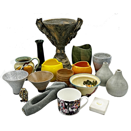 468 - Large collection of various mid-20th century and later studio pottery to include a raku twin handled... 