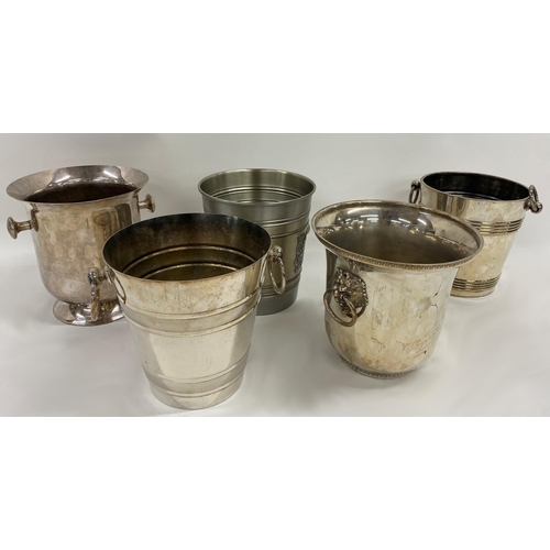 723 - Five various white metal, twin-handled champagne or ice buckets, in pewter and silver plate (5)