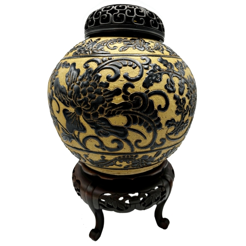 527 - Good Chinese provincial baluster pottery ginger jar with brown enamel relief of floral trails upon a... 